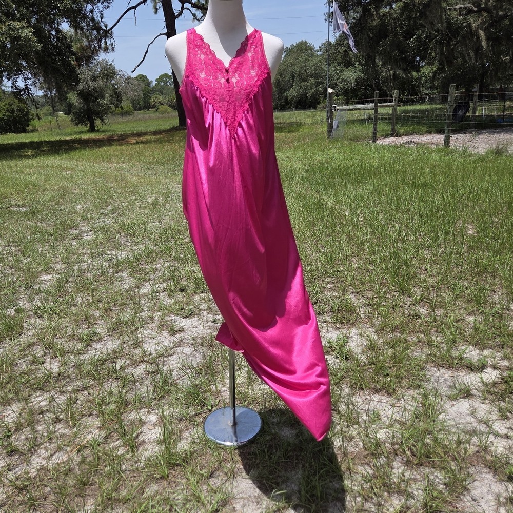 Vintage Satin Lace Maxi Dress Medium Pink Coquette Fairy Cottagecore Nightgown